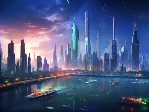 The futuristic city with colorful light