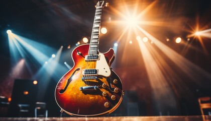Concert stage with music band performing, guitarist on blurred background   high quality image