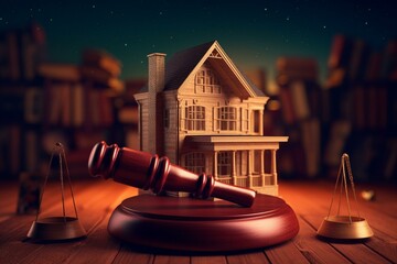 Symbolic representation of legal protection with an overlapping image of a wooden gavel and court building. Generative AI - obrazy, fototapety, plakaty
