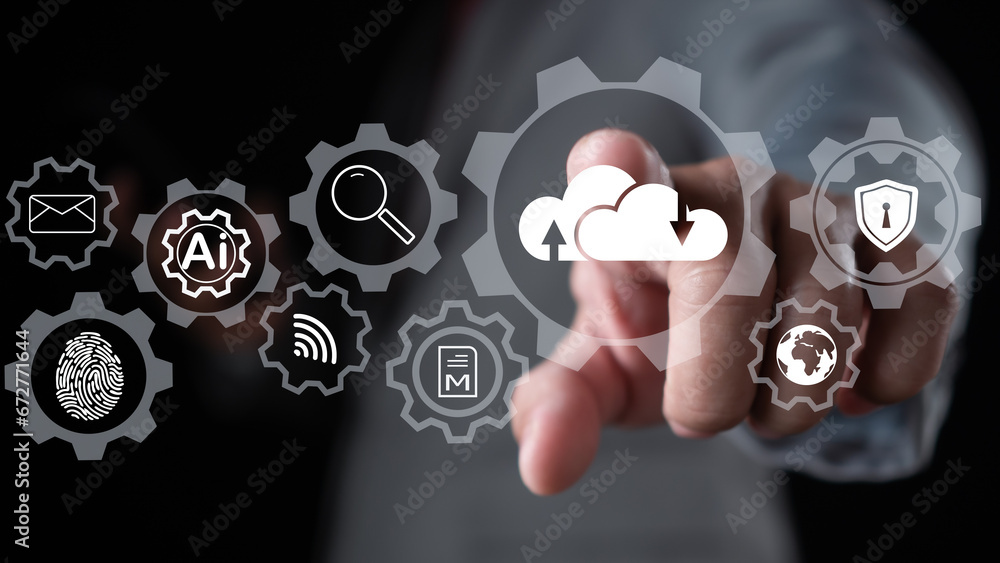 Poster cloud computing concept, connect communication equipment information and technology with cloud compu