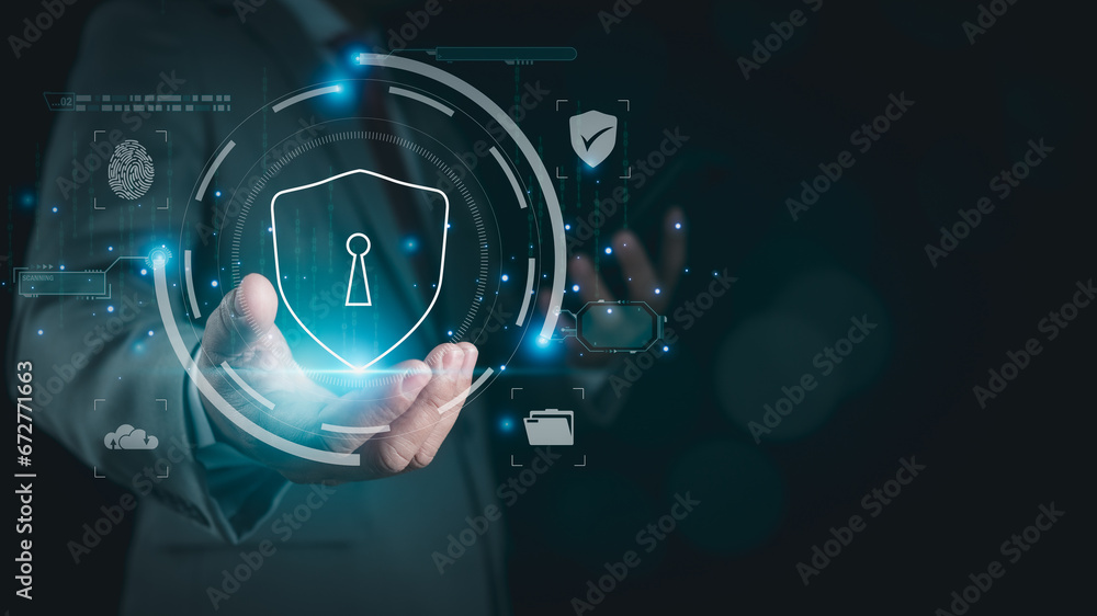 Aufkleber businessman holds phone and login padlock icon represents protection against external hacking of the