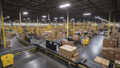Efficient and seamless flow of cardboard box packages in a vibrant warehouse fulfillment center - obrazy, fototapety, plakaty