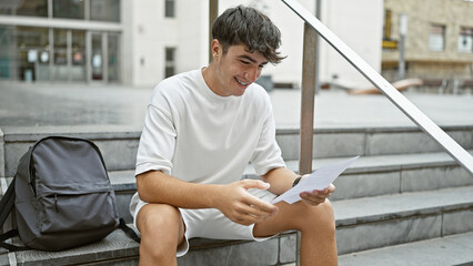 Fototapeta na wymiar Charming hispanic young man, a joyful student, casually reads educational document while sitting relaxed on campus stairs, confidently smiling under warm sunlight in lively urban university setting.