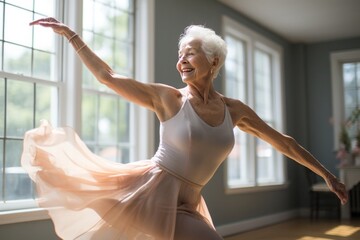 joyful elderly woman with grey hair is in a spacious studio with large windows, rehearsing ballet