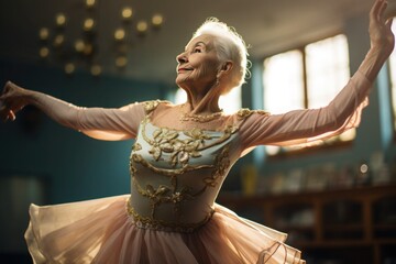 Fototapeta premium A stylish elderly woman with silver hair in a ballet outfit and a bundle of tulle dances an expressive ballet dance in a room with a window