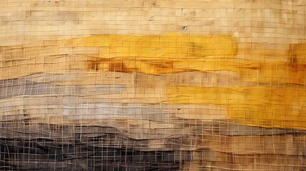 Distressed texture of a wicker, flat wicker basket weave texture, yellow colors of rattan and bark, raffia, bamboo, straw cloth-like texture background for craft, hobby. Vintage, decayed backdrop. - obrazy, fototapety, plakaty