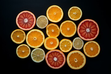 Slices of citrus fruit on a dark surface. Overhead perspective. Generative AI