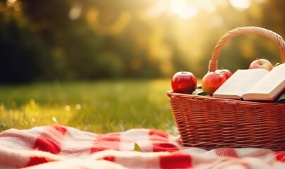 book and some red apples on cozy picnic blanket