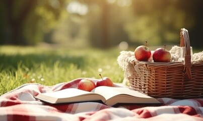 book and some red apples on cozy picnic blanket - obrazy, fototapety, plakaty