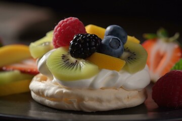 Delicious treat topped with fruit and cream. Generative AI
