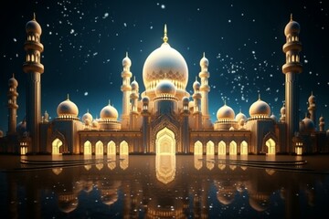 Background for Ramadan and Eid with a mosque in 3D render. Generative AI