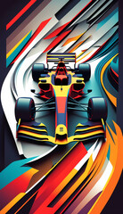 Top angle view of F1 racing car in a colorful shape illustration