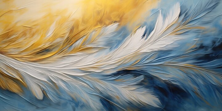 A blue and golden feather painting art background, generative ai
