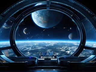 Window view of space and planets from a space station