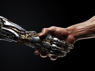 handshake of Metallic cyber or robot made from Mechanical ratchets bolts and nuts - obrazy, fototapety, plakaty