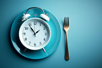 A large blue alarm clock with a blue breakfast plate and a lying fork next to it with space for...