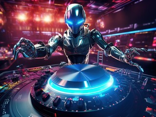 Robot disc jockey at the dj mixer and turntable plays nightclub during party. Entertainment party concept. 3D illustration - obrazy, fototapety, plakaty