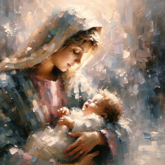 A picture of the newborn Jesus in Mary's arms - obrazy, fototapety, plakaty