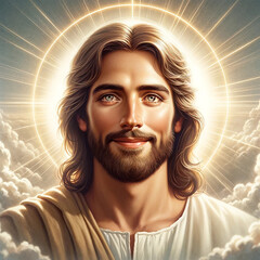 Portrait of a smiling Jesus Christ. Son of God. Christian religion