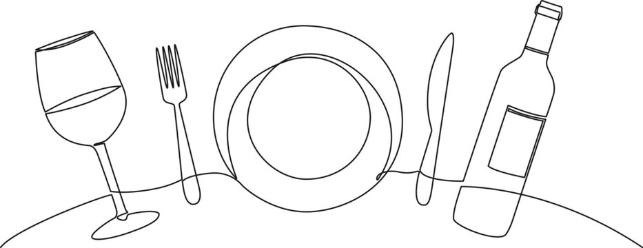 dinner concept continuous single line drawing, plate, fork, knife, wine glass and bottle line art vector illustration