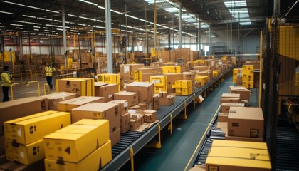 Busy warehouse center with efficient conveyor belt system, transporting cardboard box packages