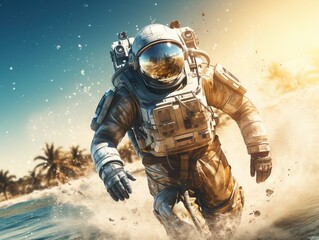 Fototapeta premium Astronaut hero - runing from the beach