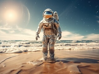 Astronaut hero - runing from the beach - obrazy, fototapety, plakaty