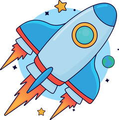 Illustration vector graphic of rocket cute design illustration with star ornament orbit, happy vibes, children friendly, cartoon style design, isolated white background.