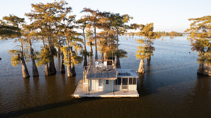 Atchafalaya Basin houseboat at golden hour
