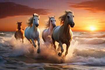 Obraz na płótnie Canvas Horses galloping on the beach