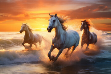 Obraz na płótnie Canvas Horses galloping on the beach