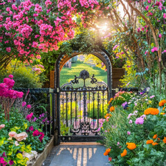 Fototapeta na wymiar a secret garden hidden behind a wrought iron gate, bursting with colorful blooms.