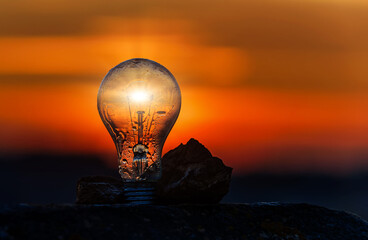 Energy Concept Light bulb on sunset background, light of sun in incandescent lamp, image silhouette background,