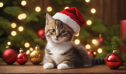 Fototapeta na wymiar little kitten cat wearing a Christmas hat sitting with Christmas tree and decoration