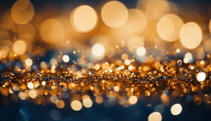 Golden light particles bokeh on navy blue background with abstract dark blue and gold particles