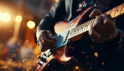 Live music band performing on concert stage with blurred background and guitarist 16k super quality