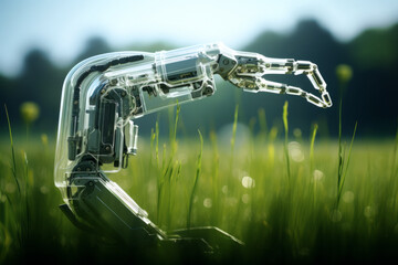Robot or artificial intelligence hand sticking out of green grass, motif of humans being replaced by robots at work.generative ai - obrazy, fototapety, plakaty