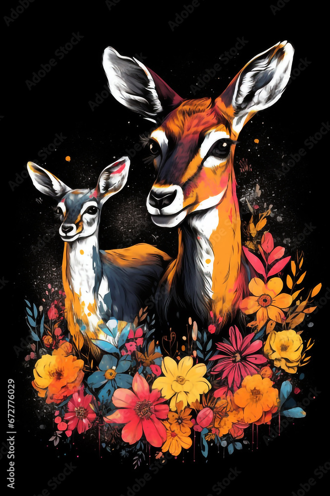 Wall mural antilope - afrikanische tiere familien mit blüten auf schwarzem hintergrund