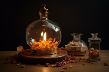 Antique candle lamp with essential oil bottle and dry flower petals on wooden disc, against a neutral backdrop. Generative AI
