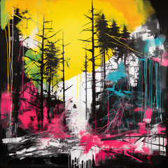 High-Contrast Graffiti Forest Poster in Bold Dynamic Colors