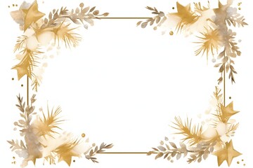 Watercolor Paint Christmas card frame gold Metallic Elegant handmade painting bush.

