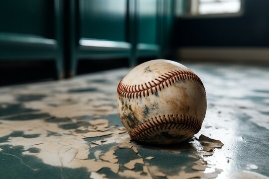 unique baseball covered in grime rests on floor. Generative AI