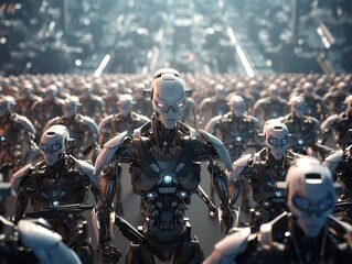 Robot shutting down army of robots - obrazy, fototapety, plakaty
