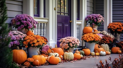 Halloween pumpkins and flowers on front porch, exterior home decor, seasonal decorations, orange and purple - obrazy, fototapety, plakaty