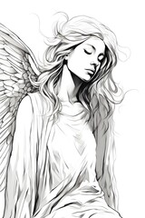 Fototapeta premium beautiful angel illustration in black and white sketch line art
