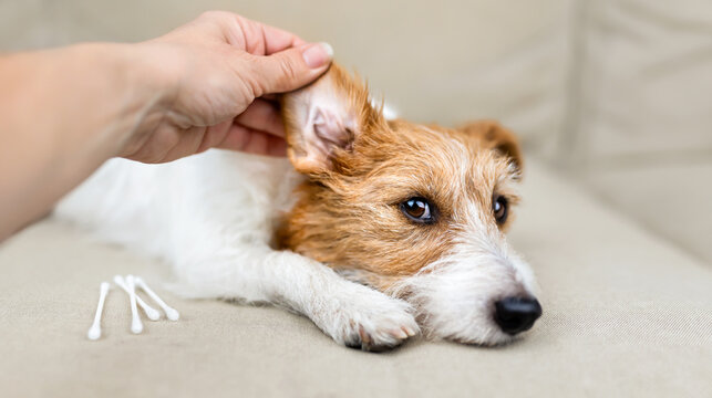Owner's hand checking and cleaning her healthy dog's ear. Pet care banner.