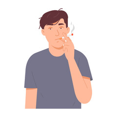A man is smoking a cigarette in his hand. Humans addicted to tobacco are at risk of cancer. Dangerous to children and other people. vector illustration 