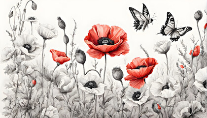 Red and black and white poppies with butterflies on white background.