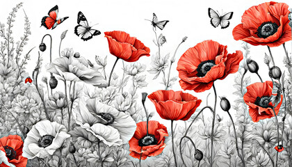 Black white and red watercolor poppies with butterflies on white background. Watercolor illustration.