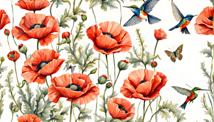 Red poppies with birds on white background. Watercolor illustration.